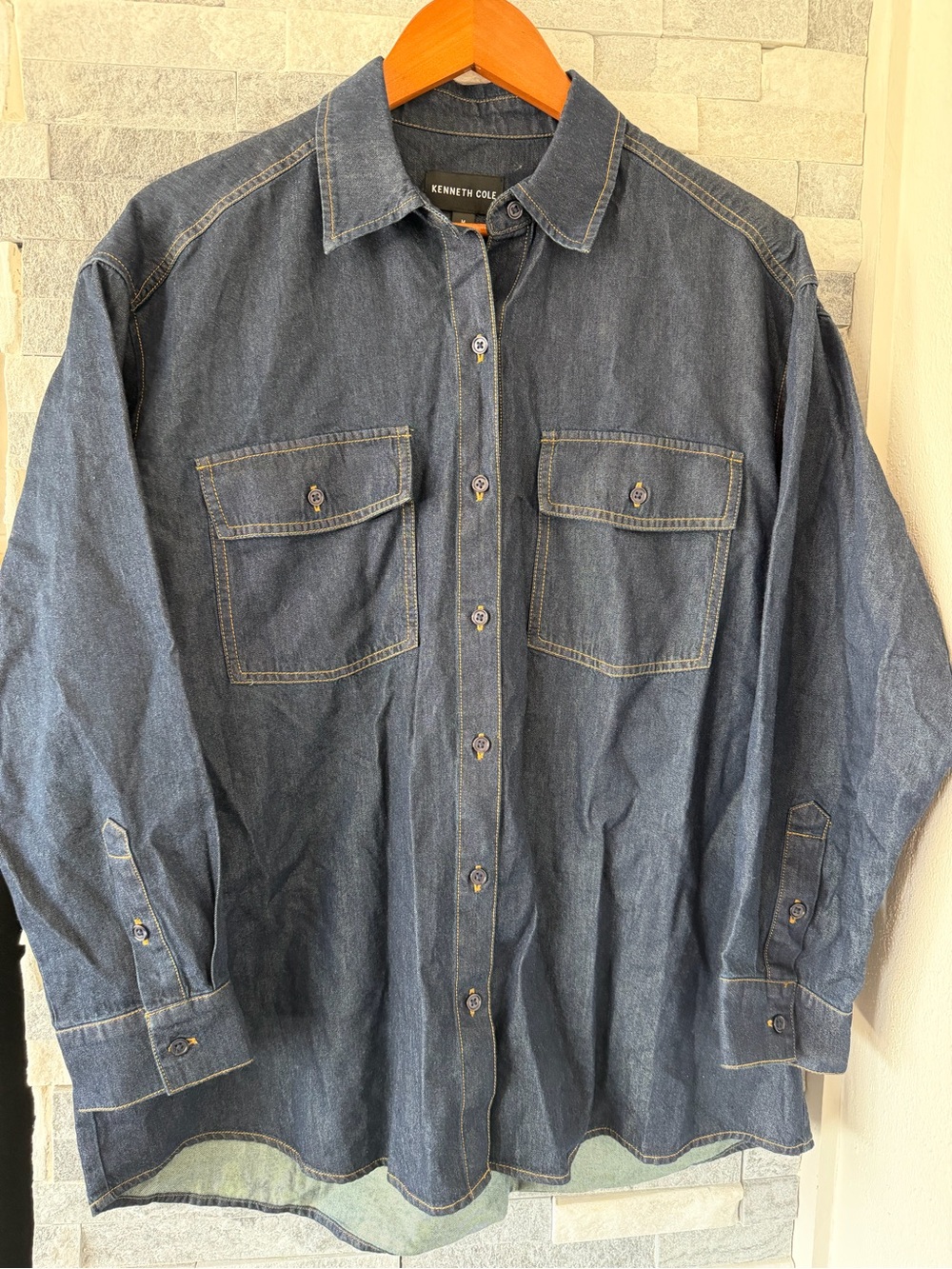 Women KENNETH COLE NWT Overszd Button Up Drk Denim Shirt-Ocean Rinse Wash-Medium